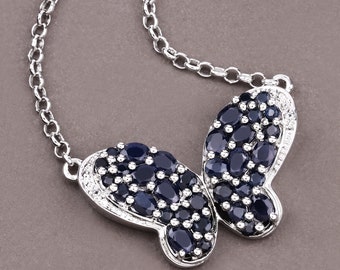 Sapphire Pendant, Genuine Midnight Blue Sapphire Sterling Silver Butterfly Pendant Necklace, Sapphire Butterfly Pendant Gift for Her