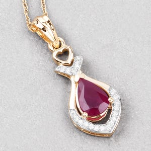 Ruby Statement Pendant, Real Ruby and White Diamond Teardrop Pendant, 14K Yellow Gold Ruby Pear Shape Pendant, July Birthstone, Wedding Gift