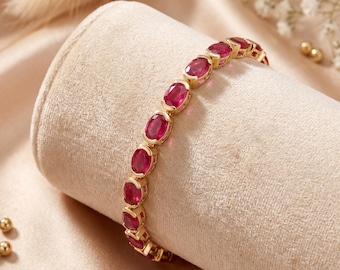 14k Gold Ruby Bracelet, Genuine Ruby Ovals Gold Bracelet for Women, 14k Solid Yellow Gold Ruby Tennis Bracelet, Anniversary Gift