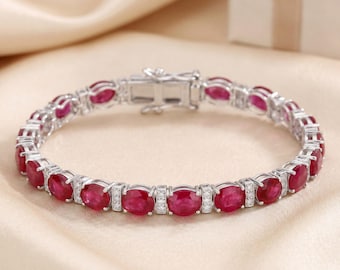 14K White Gold Ruby Bracelet, Genuine Ruby and Diamond Solid White Gold Tennis Bracelet, July Birthstone Bracelet, Anniversary Gift for Wife