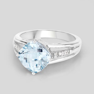 Blue Topaz Ring, Genuine Blue Topaz Cushion and White Topaz Bridge Ring, Sterling Silver Ring, December Birthstone Ring, Gifts for Her