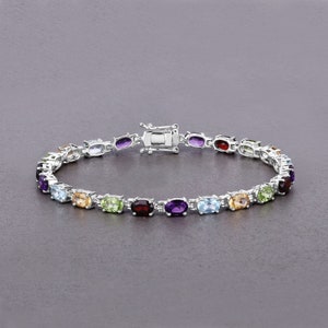 Multi Stone Bracelet, Natural Multi Stone Oval Tennis Bracelet in .925 Sterling Silver, Multi Color Gemstone, Gifts for Her,