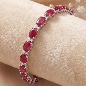 14k Gold Ruby Bracelet, Genuine Ruby Ovals and Diamond Gold Bracelet for Women, 14k Solid White Gold Ruby Tennis Bracelet, July Birthstone