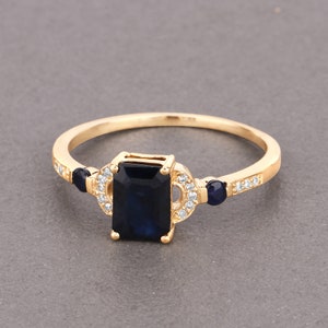 14K Gold Blue Sapphire Ring, Natural Blue Sapphire and Diamond Ring, Blue Gemstone Ring, Blue Sapphire Yellow Gold Ring, Minimalist Ring