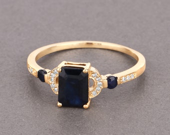 14K Gold Blue Sapphire Ring, Natural Blue Sapphire and Diamond Ring, Blue Gemstone Ring, Blue Sapphire Yellow Gold Ring, Minimalist Ring