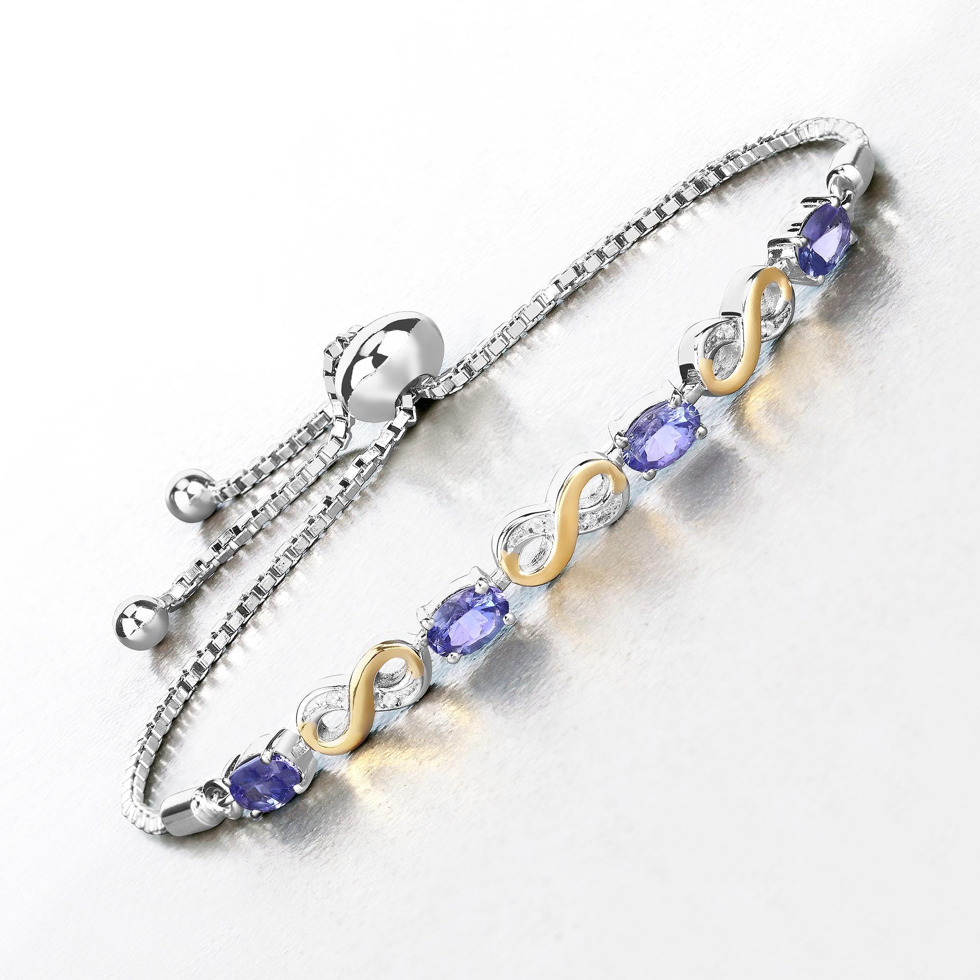 Tanzanite Bracelet, Genuine Tanzanite and White Topaz Two-Tone Infinity Bolo Bracelet in Sterling Silver, December Birthstone, Gift For Her