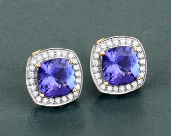 14K Yellow Gold Tanzanite Earrings, Genuine Tanzanite Cushion-Cut and Diamond Stud Earrings, December Birthstone, 14k Tanzanite Stud Earring