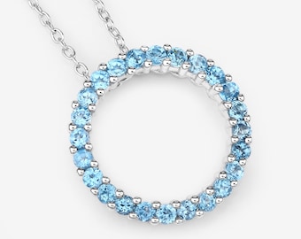 Swiss Blue Topaz Pendant, Wreath Design Natural Swiss Blue Topaz Silver Pendant Necklace for Women, December Birthstone Pendant Necklace