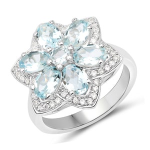 Aquamarine Ring, Natural Aquamarine Sterling Silver Floral Ring for Women, March Birthstone Ring, Aqua Blue Gemstone, March Gift for Mom