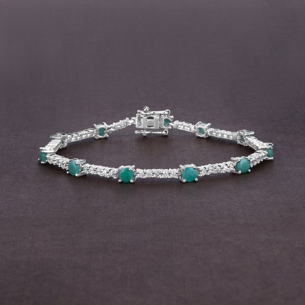 Emerald Bracelet, Natural Emerald Round White Zircon Tennis Bracelet Silver, May Birthstone Bracelet, Green Bracelet, Anniversary Bracelet