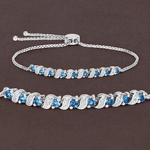 London Blue Topaz Bracelet, Genuine London Blue Topaz Bolo Bracelet for Her, December Birthstone Jewelry, Dainty Blue Topaz Silver Bracelet