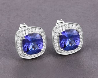 14K White Gold Tanzanite Earrings, Genuine Tanzanite Cushion-Cut and Diamond Stud Earrings, December Birthstone, 14k Tanzanite Stud Earrings