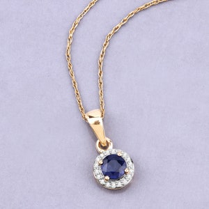 14K Yellow Gold Sapphire Pendant, Genuine Blue Sapphire and Diamond Pendant Necklace, September Birthstone, Minimalist Sapphire Pendant