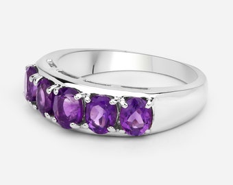 Amethyst Ring / 5 Stone Amethyst Silver Ring / Natural Amethyst Ring / February Birthstone Ring