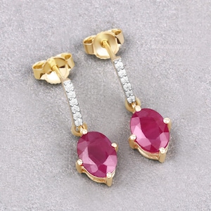 Ruby Dangle Earrings, Genuine Ruby Oval and White Diamond 10K Yellow Gold Dangle Earrings, Pink Gemstone, July Birthstone, Bridesmaid Gift