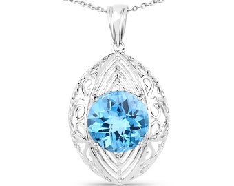 Swiss Blue Topaz Pendant, Natural Swiss Blue Topaz Round Filigree Pendant Necklace 925 Sterling Silver, December Birthstone Pendant, Topaz