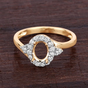 14k Gold Semi Mount Ring with Natural Diamonds, Customizable Yellow Gold Ring Semi-Mount, 14k Diamond Semi-Mount - holds 7x5mm Oval Stone