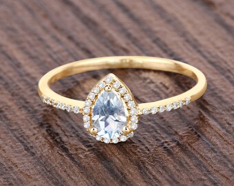 Aquamarine Halo Ring Ring, 14kt Yellow Gold Aquamarine Ring, Genuine Aquamarine, Minimalist Gold Ring, Rings For Women, Christmas Gift