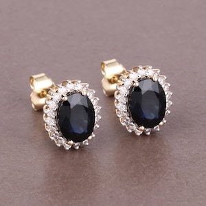 Sapphire Halo Earrings, Blue Sapphire Oval and Diamond 14k Solid Yellow Gold Earrings, September Birthstone, Dainty Earrings, Bridal Gift