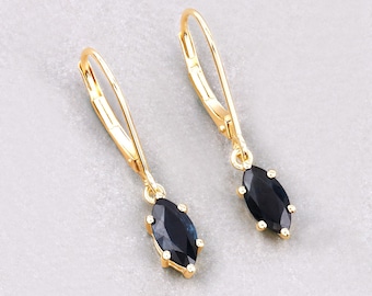 Sapphire Earrings, Genuine Blue Sapphire Marquise and White Diamond 10K Yellow Gold Dangle Earrings, September Birthstone Dangle Earrings