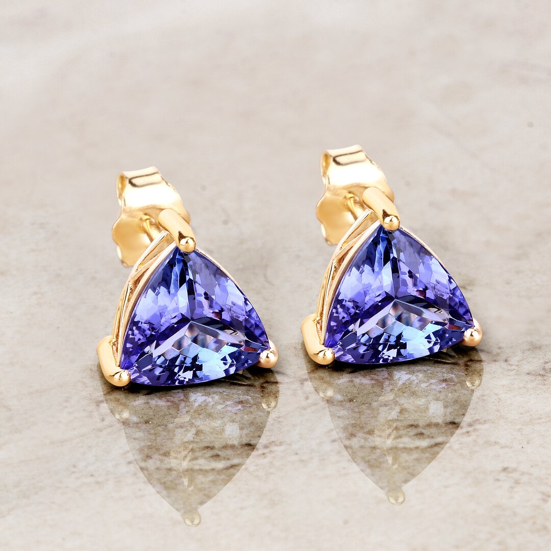 14K Yellow Gold Tanzanite Earrings, Genuine Tanzanite Trillioncut and