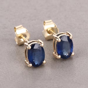 Blue Sapphire Studs, 14k Yellow Gold Natural Blue Sapphire Oval Cut Studs for Women, Dainty Earrings, September Birthstone, Gift For Her