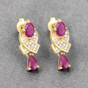 Natural Ruby Earrings, 14k Yellow Gold Ruby and Diamond Earrings, July Birthstone, Gold Dangle Earrings, Minimalist Jewelry, Christmas Gift
