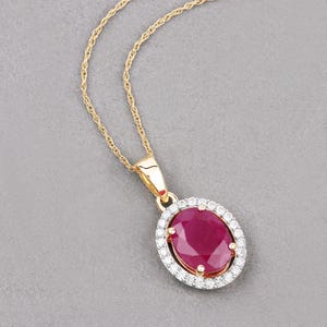 Ruby Oval Pendant, Genuine Ruby and White Diamond 10K Yellow Gold Halo Pendant, Dainty Ruby Pendant, July Birthstone, Wedding Gift