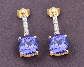 14K Yellow Gold Tanzanite Earrings, Genuine Tanzanite Cushion-Cut and Diamond Drop Earrings, December Birthstone, Engagement Earrings