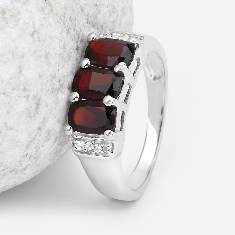 Garnet Silver Ring, Natural 3-Stone Garnet Ring in 925 Sterling Silver, Mozambique Garnet Silver Ring, January Birthstone Ring