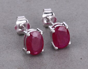 14K White Gold Real Pink Ruby Oval Cut Studs, Ruby Earrings, Dainty Earrings, Pink Gemstone Earrings, July Birthstone, Bridesmaid Gift