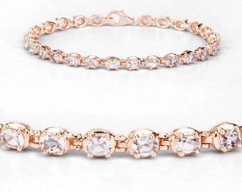 Morganite Bracelet, Natural Peach Morganite Ovals Tennis Bracelet in 925 Sterling Silver 18K Rose Gold Plated, FREE Gift with Order!