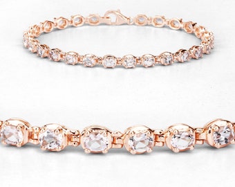 Morganite Bracelet, Natural Peach Morganite Ovals Tennis Bracelet in 925 Sterling Silver 14K Rose Gold Plated, FREE Gift with Order!