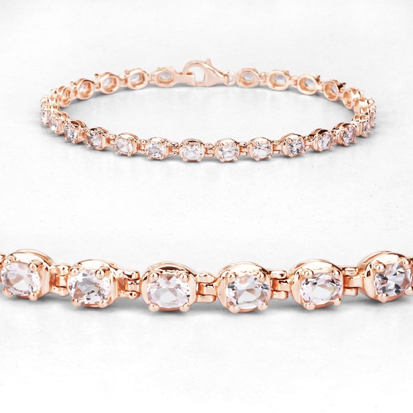 Morganite Bracelet, Natural Peach Morganite Ovals Tennis Bracelet in 925 Sterling Silver 14K Rose Gold Plated, FREE Gift with Order!