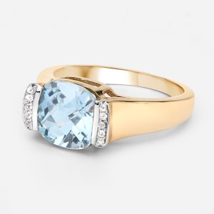 Blue Topaz Ring, Natural Blue Topaz Cushion and White Topaz Cocktail Ring in 14K Yellow Gold Plated 925 Sterling Silver, December Birthstone