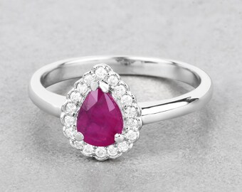 Ruby Gold Ring, Natural Pink Ruby Pear and White Diamond 14K Solid White Gold Halo Ring, Minimalist Ring, Bridesmaid Gift, Wedding Ring