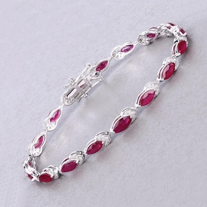 14k Yellow Gold Ruby Bracelet, Genuine Ruby Marquise and White Diamond Accents Tennis Bracelet For Women, July Birthstone, Bridesmaid Gift