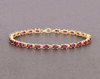 Ruby Bracelet, Ruby Oval Tennis Bracelet in .925 Sterling Silver Yellow Gold Plated, July Birthstone, Red Ruby Bracelet for Her