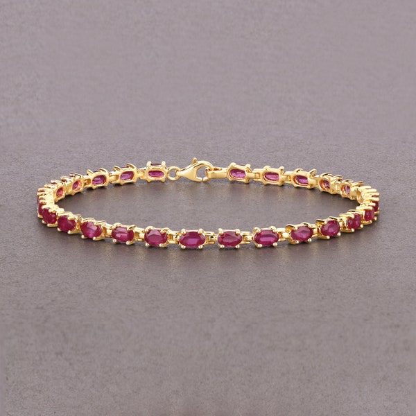 Ruby Bracelet, Ruby Oval Tennis Bracelet in .925 Sterling Silver Yellow Gold Plated, July Birthstone, Red Ruby Bracelet for Her