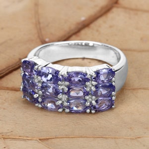 Tanzanite Ring, Real Tanzanite Cluster Ring in .925 Sterling Silver with Rhodium Plating, for Women, December Birthstone