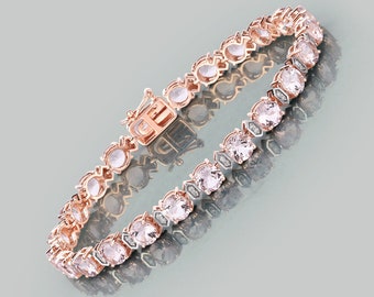 14k Gold Morganite Bracelet, Genuine Morganite and Diamond Rose Gold Tennis Bracelet, Morganite Bridal Bracelet, Bridal Rose Gold Bracelet