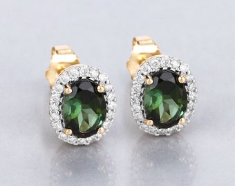 14k Gold Green Tourmaline Earrings, Genuine Green Tourmaline and Diamond Yellow Gold Stud Earrings, October Birthstone, Wedding Earrings