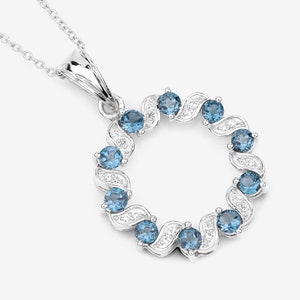 London Blue Topaz Pendant, Wreath Design Natural London Blue Topaz Silver Pendant Necklace for Women, December Birthstone Pendant Necklace