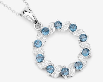 London Blue Topaz Pendant, Wreath Design Natural London Blue Topaz Silver Pendant Necklace for Women, December Birthstone Pendant Necklace