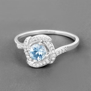 Aquamarine Ring, Natural Aquamarine and Diamond Ring, Sterling Silver Aquamarine Ring, March Birthstone, Blue Gemstone Ring, Promise Ring