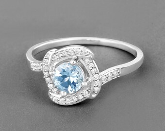 Aquamarine Ring, Natural Aquamarine and Diamond Ring, Sterling Silver Aquamarine Ring, March Birthstone, Blue Gemstone Ring, Promise Ring