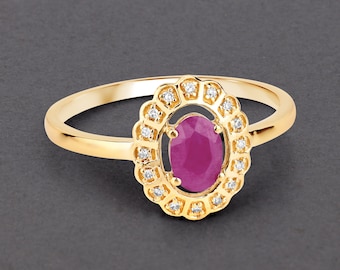 14K Gold Ruby Ring, Natural Ruby and Diamond Yellow Gold Ring, Minimalist Ring, Dainty Ruby Gold Ring, July Birthstone Ring, Promise Ring