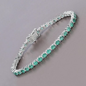 14k Gold Emerald Bracelet, Genuine Zambian Emerald and Diamond Gold Bracelet, White Gold Emerald Tennis Bracelet, May Birthstone Bracelet