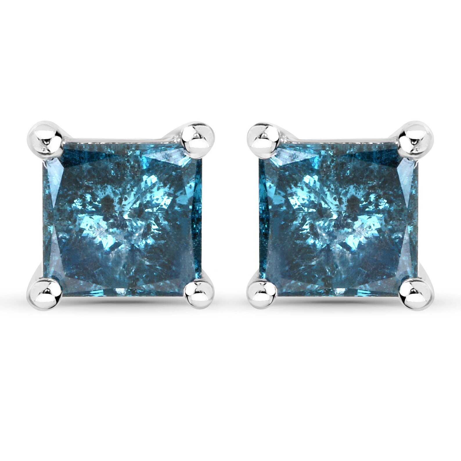 Blue Diamond Earrings 14k Solid White Gold Princesscut Blue Etsy