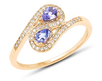 14k Gold Tanzanite and Diamond Ring, Genuine Tanzanite Diamond Minimalist Ring, Dainty 14k Gold Tanzanite  with Diamonds Ring, Bypass Ring